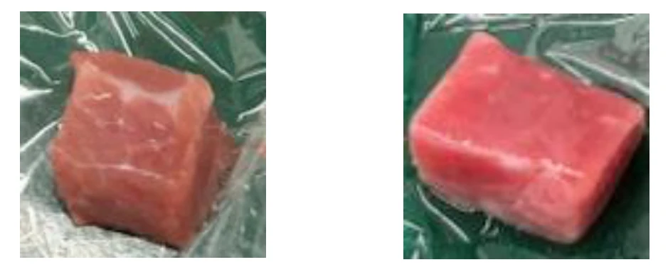 常温解凍と流水解凍の肉の写真